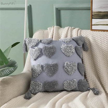 DecorBites™ Heart Embroidery Cushion Cover 45x45cm Orange Grey Geometric Pillowcase
