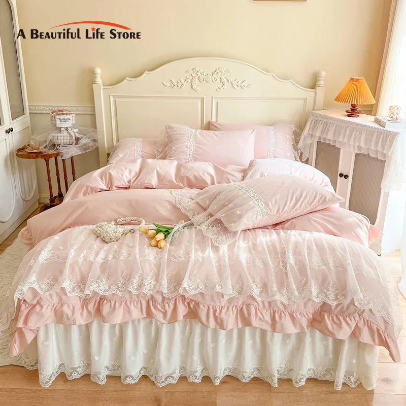 Decobites French Princess Lace Ruffles Bedding Set, 100% Cotton, Pink Romantic Theme