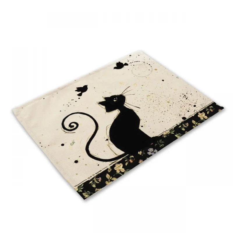 DecorBites™ Black Cat Linen Placemat Set for Dining Table & Kitchen Decor