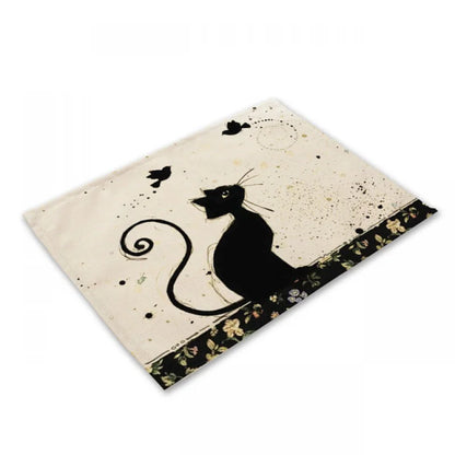 DecorBites™ Black Cat Linen Placemat Set for Dining Table & Kitchen Decor