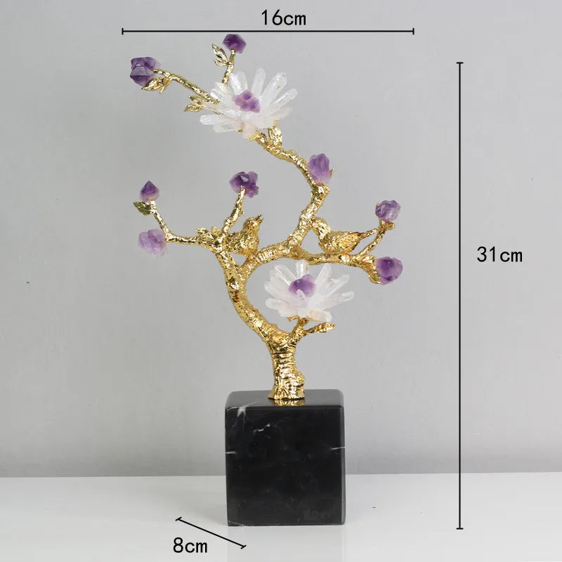 DecorBites™ Golden Tree Crystal Flower Brass Amethyst Decor with Golden Bird Figurines