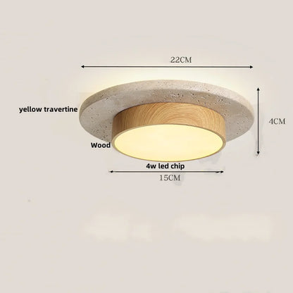DecorBites™ Japan Style LED Ceiling Light Yellow Travertine Stone Wood Base Bedroom Luminaire