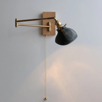 DecorBites™ Clear Glass Copper LED Wall Light with Pull Chain Switch & Walnut Wood Canopy