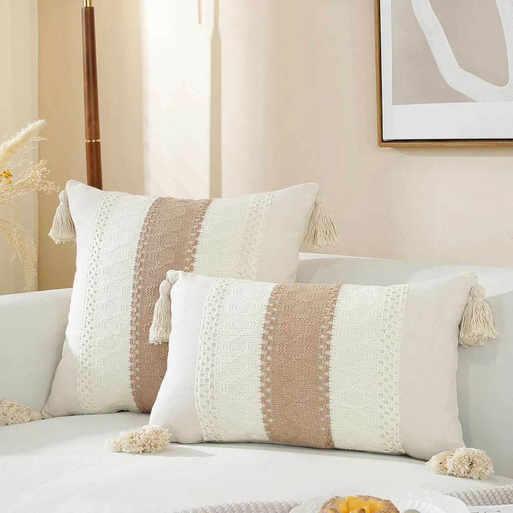 DecorBites™ Linen Stripe Diamond Woven Cushion Cover 45x45cm with Tassels