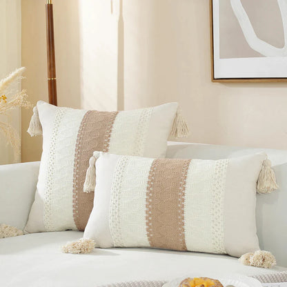 DecorBites™ Linen Stripe Diamond Woven Cushion Cover 45x45cm with Tassels