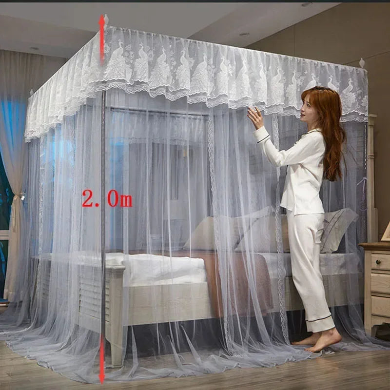 Decobites Princess Mosquito Net Canopy for Double Bed Square Lace Palace Embroidery