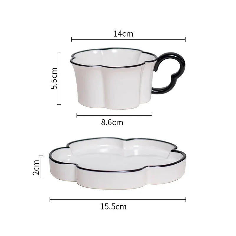 DecorBites™ Black Edged Flower Mug Set - Ceramic Cup & Saucer for Tea, Coffee, and Juice
