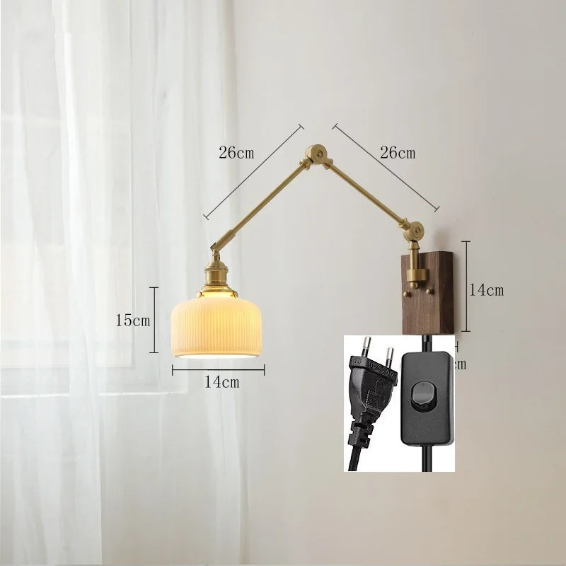 مصباح حائط نحاسي من DecorBites™ مع مفتاح سلسلة سحب، تصميم نورديك، لمبة LED، عاكس ضوء سيراميكي