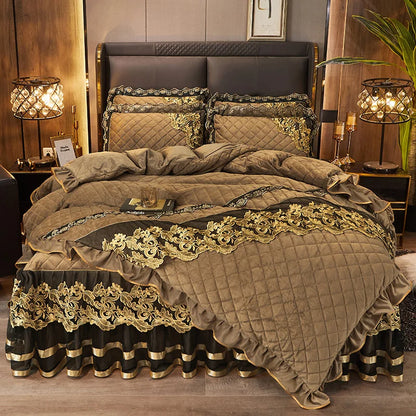 Decobites Black Gold Luxury Crystal Velvet Bedding Set with Quilted Embroidery & Ruffles