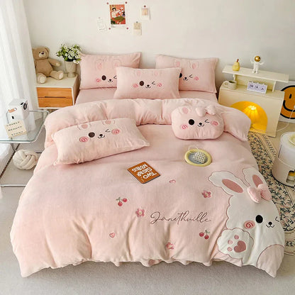 Decobites Cartoon Rabbit Applique Embroidery Bedding Set with Velvet Fleece for Cozy Comfort