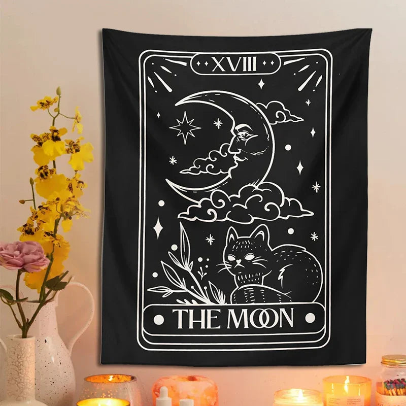 Moon Cat Tapestry Wall Hanging for Mystic Aesthetic by Decobites