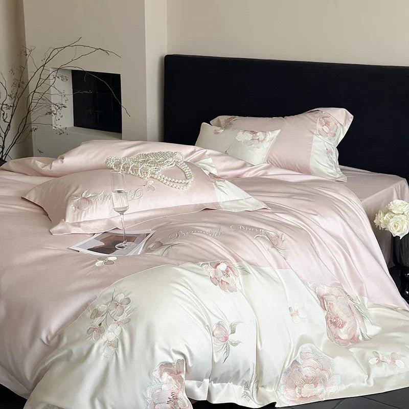 Decobites Pink Flowers Embroidery Luxe Bedding Set: 1000TC Egyptian Cotton Duvet Cover, Bed Sheet, Pillowcases