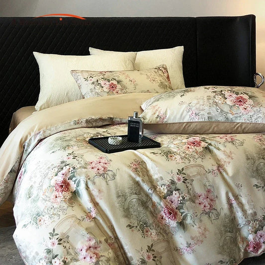 DecorBites™ 1000TC Vintage Flowers Print Bedding Set with Duvet Cover, Sheet, Pillowcases