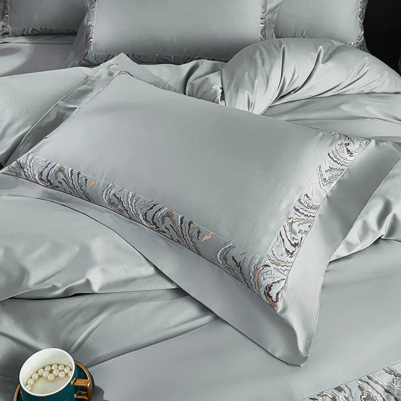 Decobites Zebra Print Embroidery Bedding Set 800TC Egyptian Cotton Grey Orange, Duvet Cover Flat Sheet Pillowcases