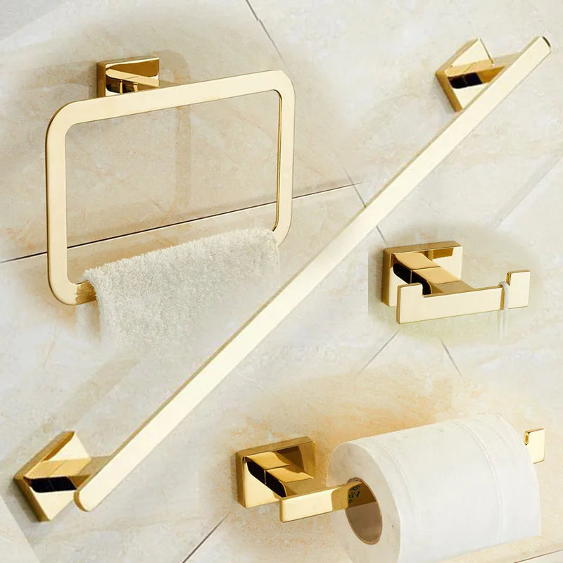 Conjunto de 4 piezas de herrajes para baño en latón dorado Decorbites™: Barra de toallas, Anillo para toallas, Soporte para papel higiénico, Gancho para batas