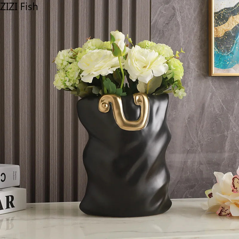 DecorBites™ Ceramic Bag Vase with Artificial Flowers for Modern Home Decor