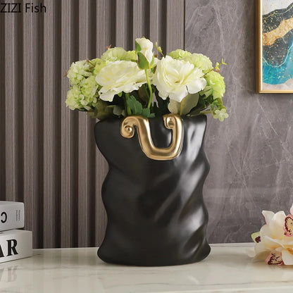 DecorBites™ Ceramic Bag Vase with Artificial Flowers for Modern Home Decor