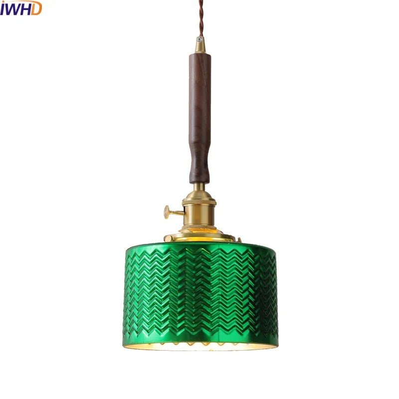 DecorBites™ Green Glass LED Pendent Lamps, Walnut Copper Modern Hanging Light Fixtures