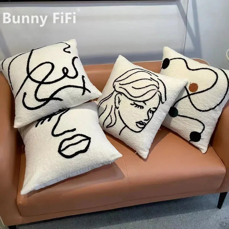 DecorBites™ Lambswool Face Cushion Cover 45x45 Beige White Abstract Art Pillowcase