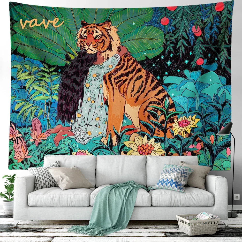 Decobites Psychedelic Tiger Tapestry Wall Hanging - Mysterious Flower Jungle Moon Landscape