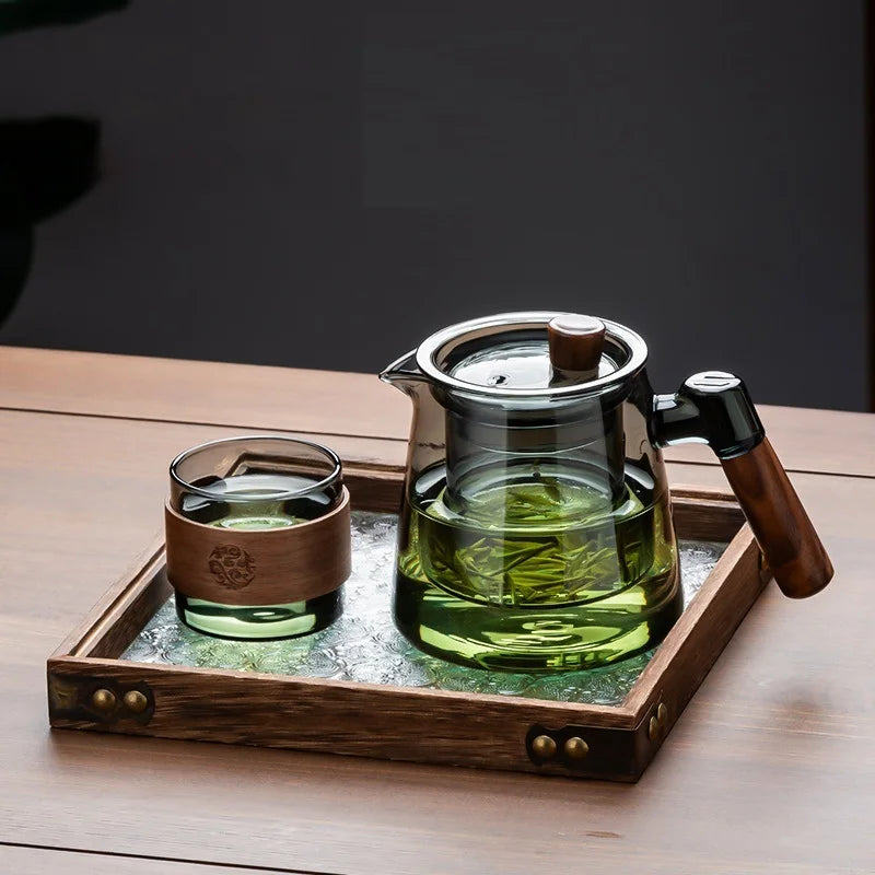 DecorBites™ Glass Tea Set with Wooden Handle Teapot on Retro Glass Tray