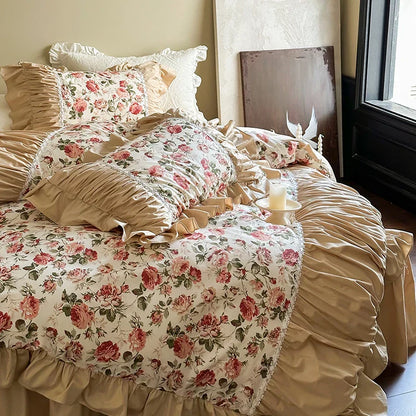 Decobites Vintage Floral Lace Ruffles Bedding Set, 100% Cotton, Duvet, Sheets, Pillowcases