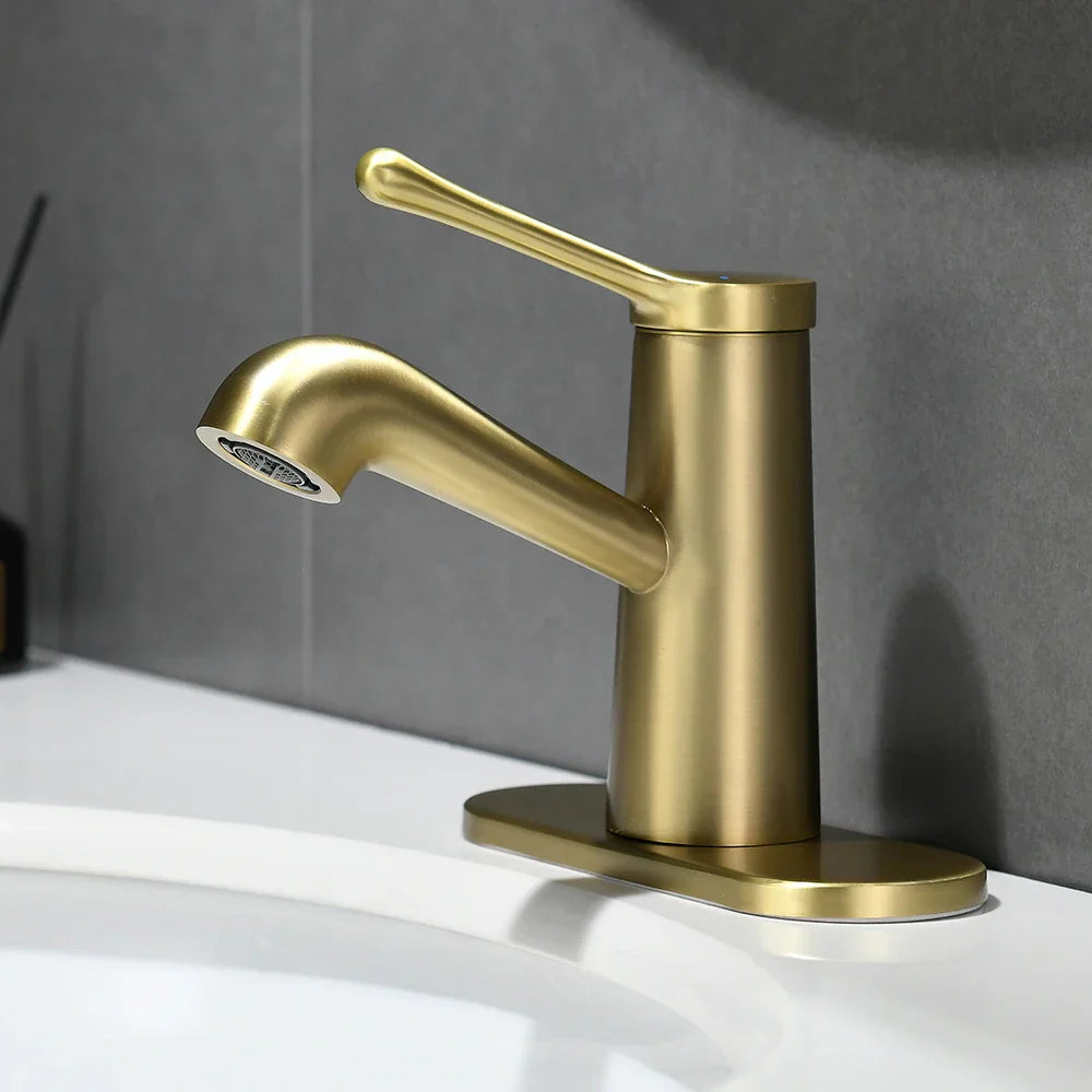 Grifo mezclador DecorBites™ Gold Waterfall para lavabo, moderno, monomando, agua fría y caliente