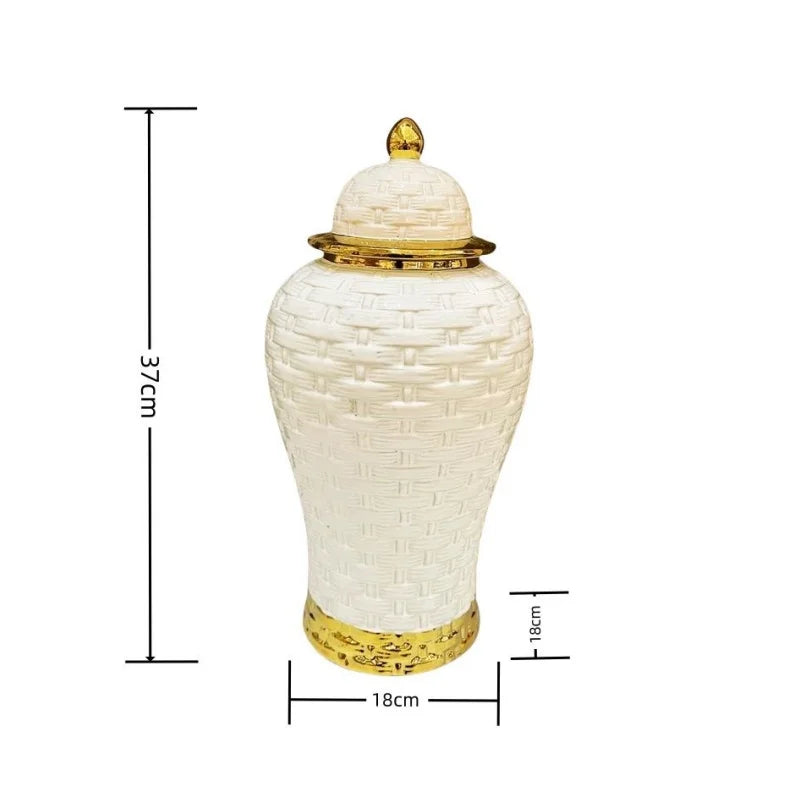 DecorBites™ Golden Flower Vase Ceramic Checkmate Jar Weave Pattern Home Decoration Accessories