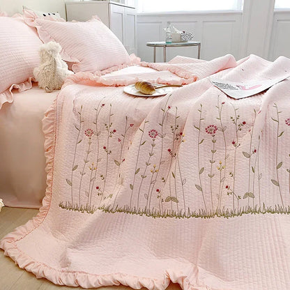 Decobites Fresh Flower Embroidered Summer Quilt Set - Lightweight Ruffled Comforter