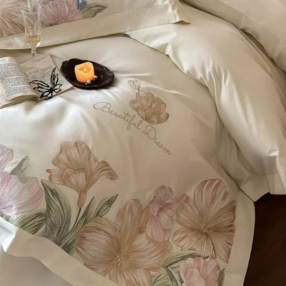 Decobites Luxury Flowers Embroidery Bedding Set Cream White 1000TC Egyptian Cotton Princess Suite