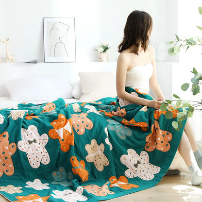 DecorBites™ Boho Printed Cotton Blanket - Green Muslin Large Soft Bed Throw Cover