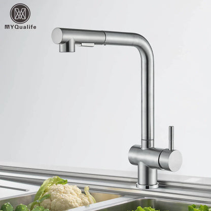 DecorBites™ Brushed Nickel Pull Out Kitchen Faucet Stainless Steel Tap Deck Install