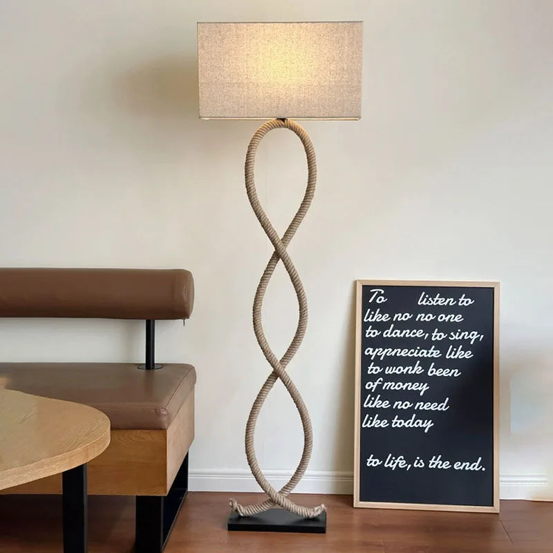 DecorBites™ Hemp Rope Fabric Shade LED Floor Lamp for Nordic Retro Wabi Sabi Style