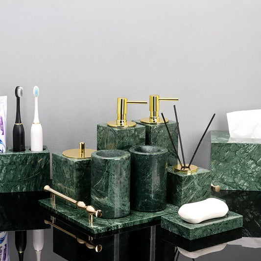 DecorBites™ Green Marble Bathroom Set: Dispenser, Dish, Holder, Tissue Box & Accessories