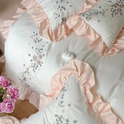 Decobites Korean Princess Lace Ruffles Flowers Embroidery Bedding Set with 100% Cotton Quality.