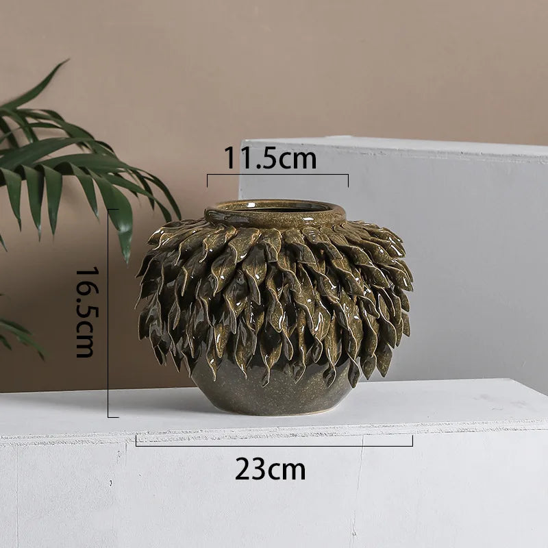 DecorBites™ Leaf Relief Ceramic Vase: Hand-made 3D Floral Arrangement Pot