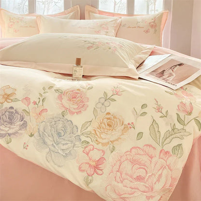 Decobites Floral Butterfly Embroidery Cotton 4Pcs Bedding Set, Beige/Pink Theme