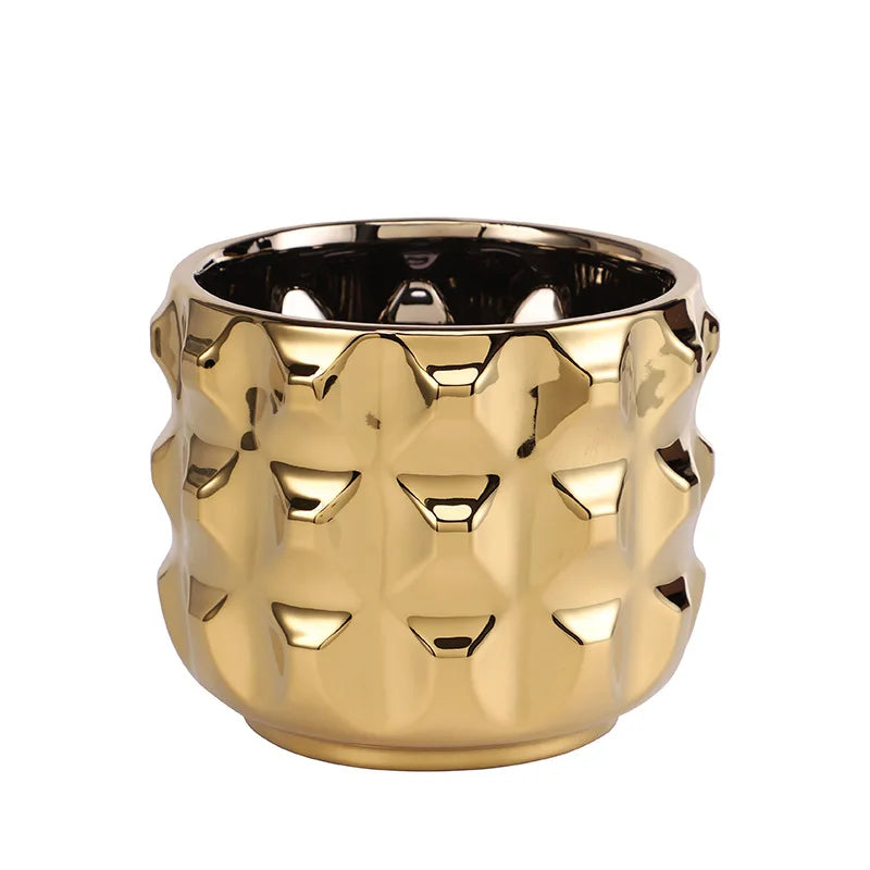 DecorBites™ Gold Ceramic Flower Pot Geometry Vase for Succulents and Floral Arrangements
