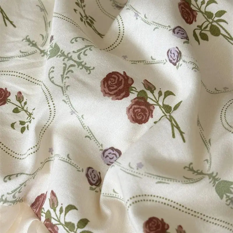 Decobites Vintage French Rose Print Princess Bedding Set with Lace Ruffles