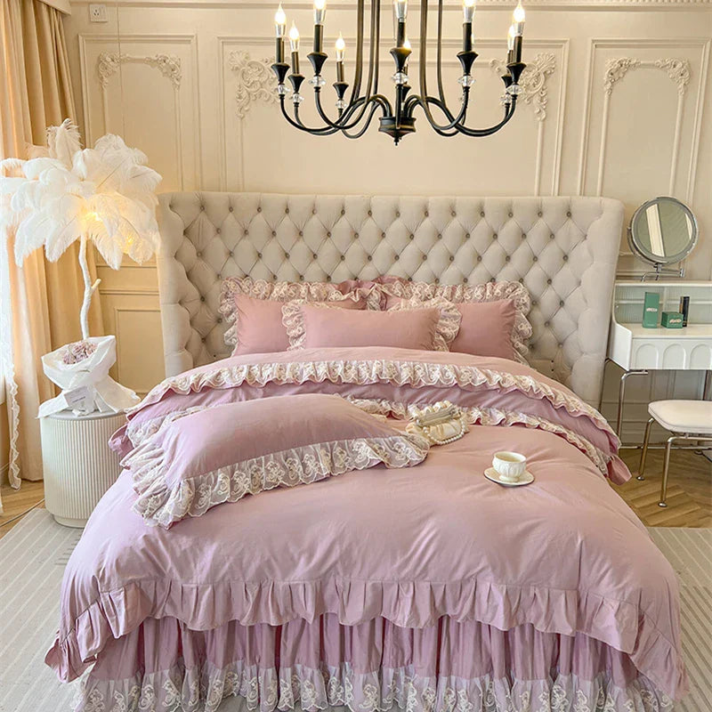 Pink Lace Bedding Set 400TC Fabric 2X2.2m