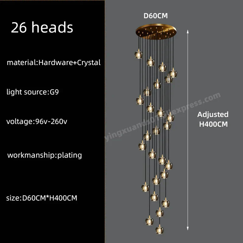 DecorBites™ Black & Gold Crystal Chandelier LED Pendant Light Fixture Loft Staircase Lighting