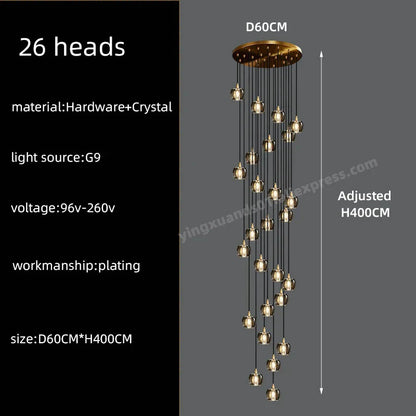 DecorBites™ Black & Gold Crystal Chandelier LED Pendant Light Fixture Loft Staircase Lighting