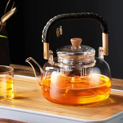 DecorBites™ Glass Tea Pot With Weave Handle Heat-resistant Glass Teapot Transparent Steaming Tea Kettle