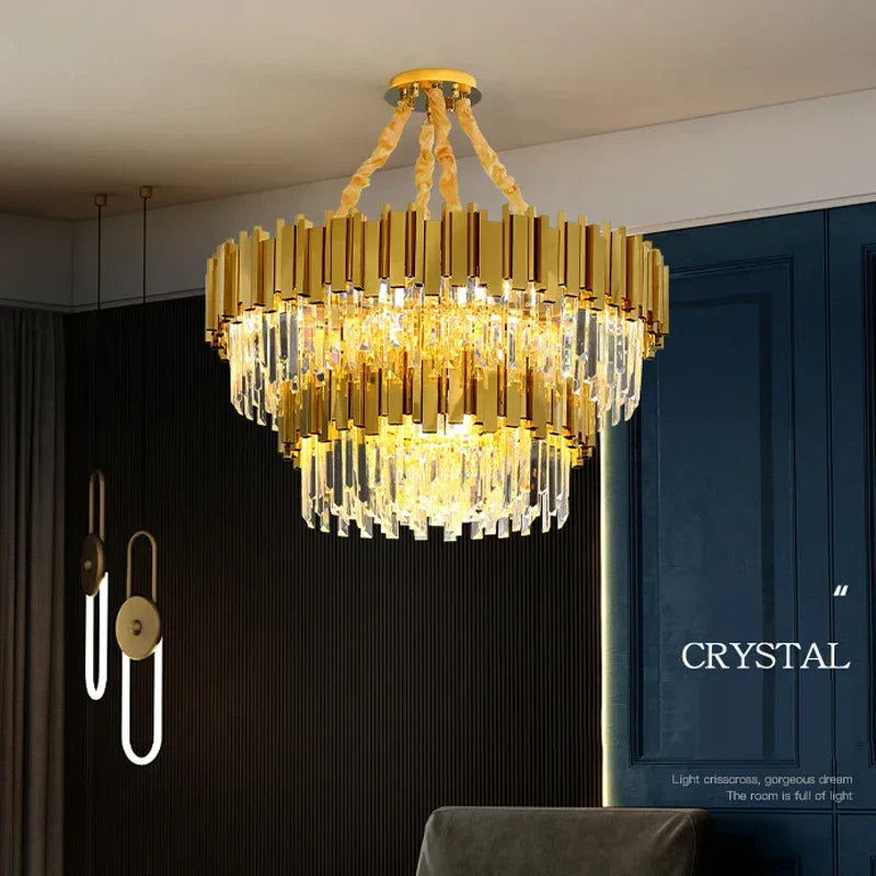 DecorBites™ Goldener Edelstahl-Kristallleuchter: Moderne runde LED-Leuchte für Esszimmer
