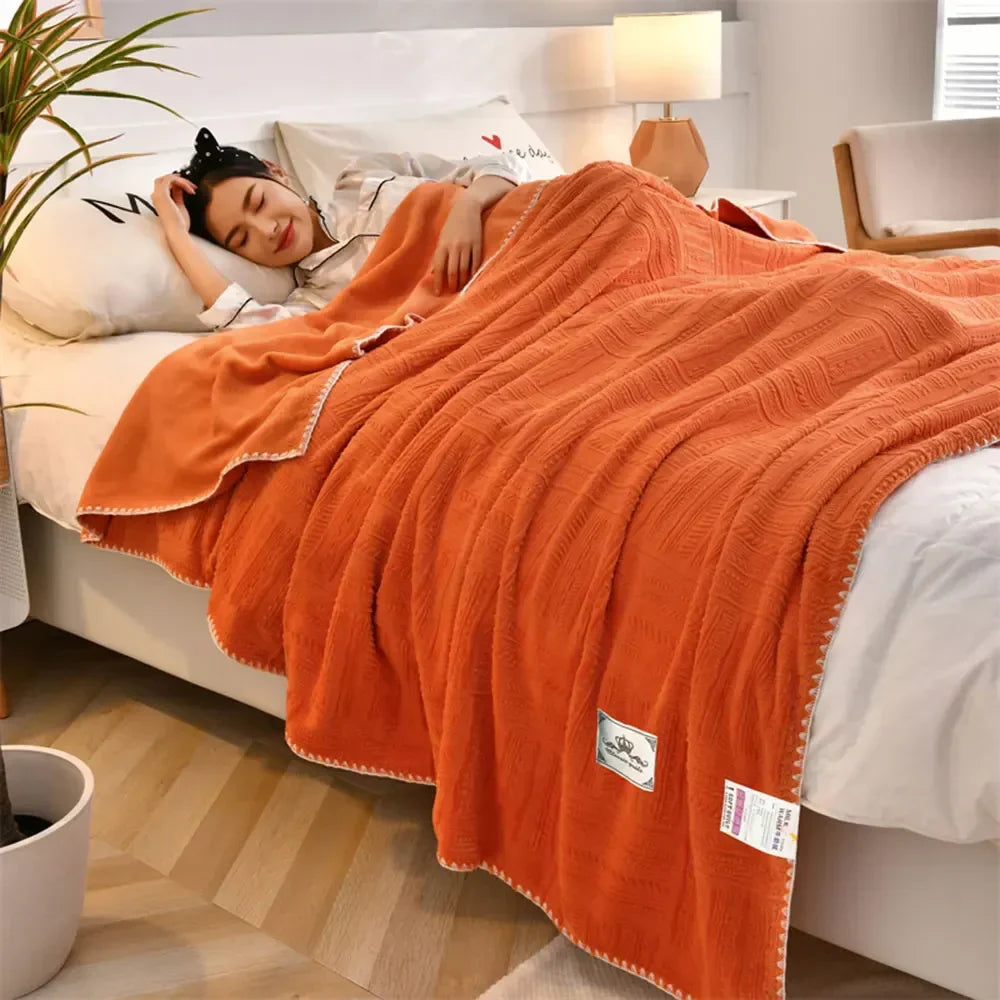 Decobites Orange Solid 3D Soft Print Flannel Coral Fleece Double-side Blanket