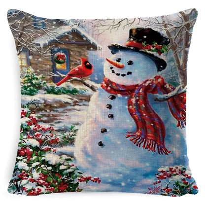 DecorBites™ Christmas Snowman & Santa Claus Linen Pillow Cover for Festive Living Room Decor