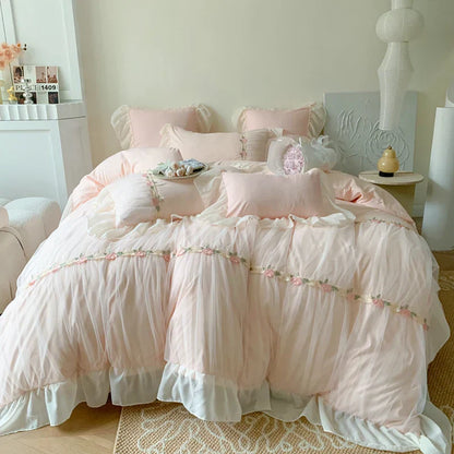 Decobites Pink French Princess Lace Ruffles Bedding Set with Pillowcases & Bed Sheet