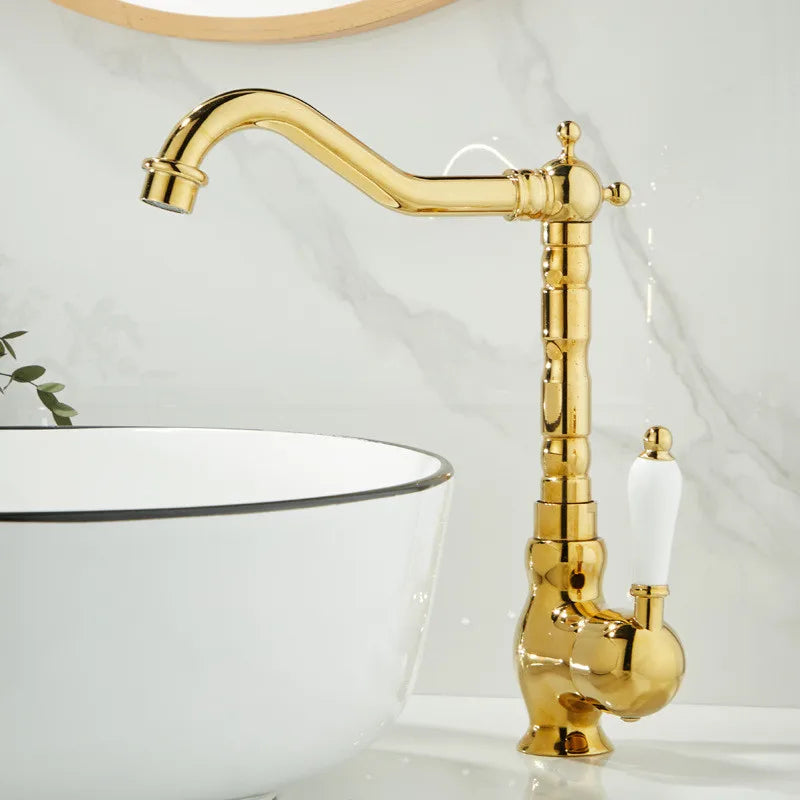 Grifo de Lavabo de Palangana de Oro Decorbites™ Manija Única Grifo Mezclador de Agua Caliente y Fría