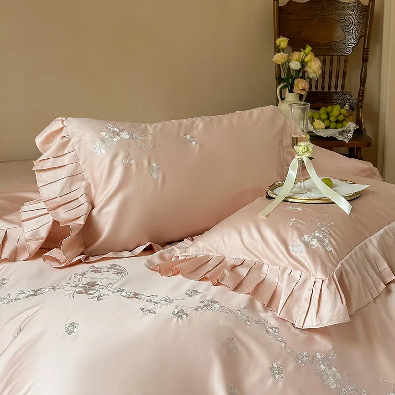 Decobites Princess Ruffles Flowers Embroidery 1000TC Egyptian Cotton Bedding Set