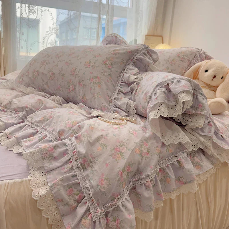 Decobites Princess Style Lace Ruffles Bedding Set - 100% Cotton, 3/4Pcs, Korean Design